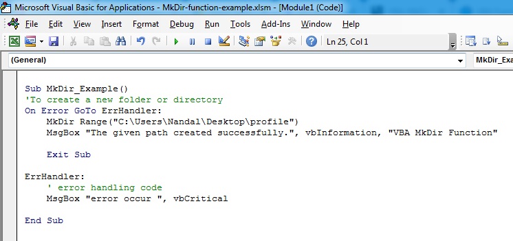 MkDir Function VBA Code