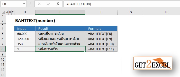 BAHTTEXT Function Example